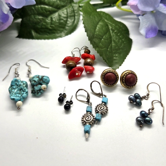 Jewelry - Stone and Pearl Pierced Earrings, 6 Pairs